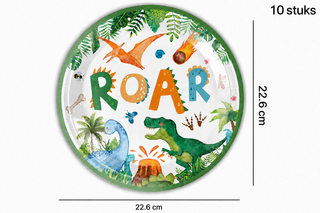 Groot rond dinosaurusbordje met Roar tekst en groene rand