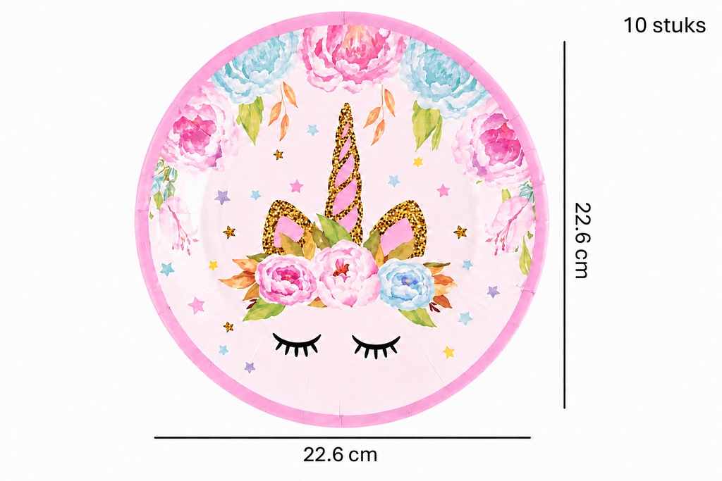 Groot rond eenhoornbordje met roze rand en bloemen unicorn 
