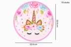 Groot rond eenhoornbordje met roze rand en bloemen unicorn 