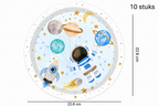 Groot rond ruimtebordje met astronaut, raket en planeten space