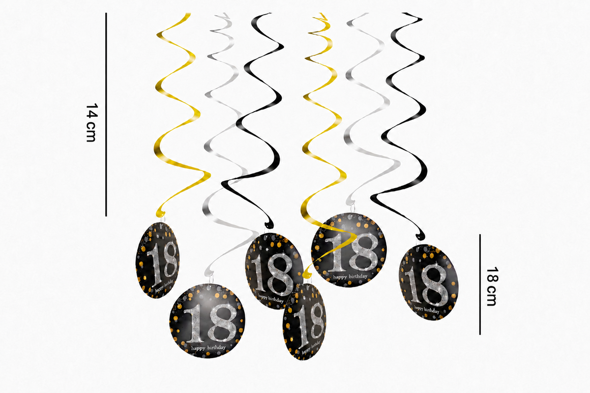 Zes hangende spiralen in goud, zilver en zwart met ronde hangers met het cijfer 18 en de tekst Happy Birthday.