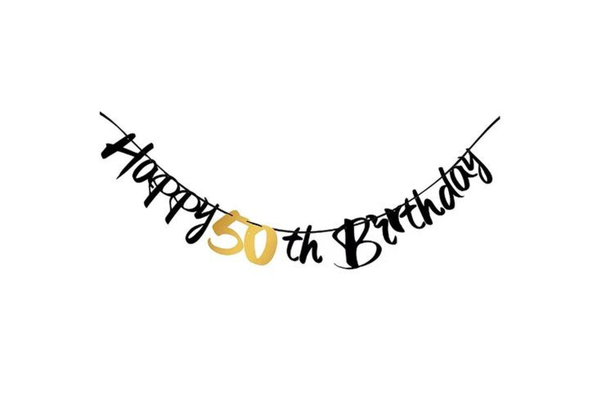 Happy 50th Birthday slinger met zwarte letters en gouden cijfer
