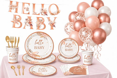 Babyshowerfeesttafel met ‘Hello Baby’ slinger, bloemenservies, goudkleurig bestek en roze, witte en roségouden ballonnen.