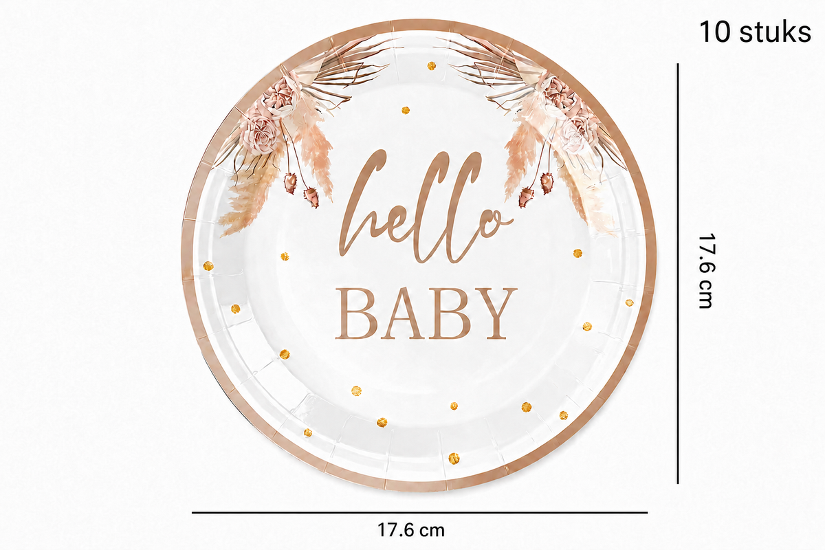 Witte ‘Hello Baby’ bordjes met bloemenprint, goudkleurige stippen en roségouden rand, 17,6 cm, 10 stuks.