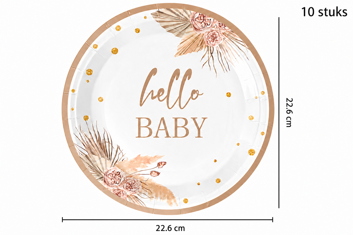 Witte ‘Hello Baby’ bordjes met bloemenprint, goudkleurige stippen en roségouden rand, 22,6 cm, 10 stuks.