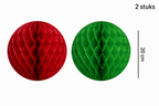 Twee honeycomb decoratiebollen van 20 cm, één rood en één groen.