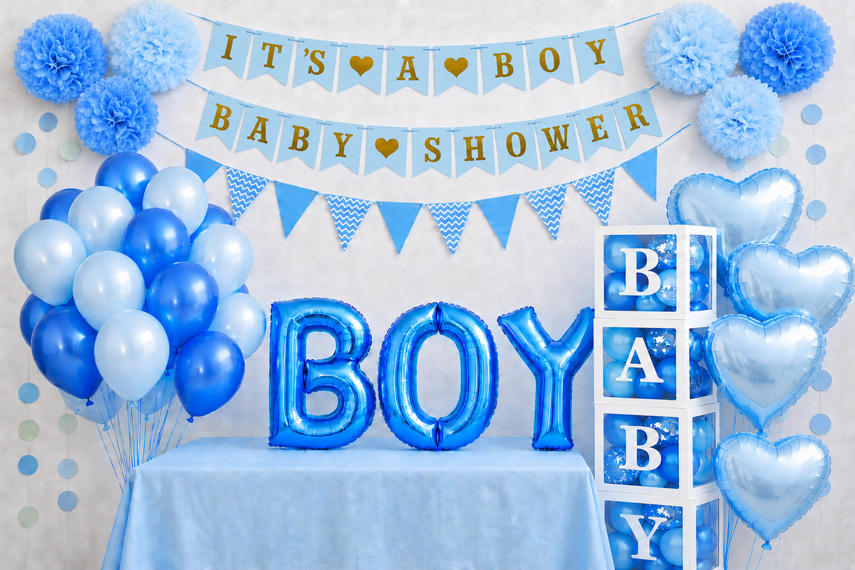 It's a Boy babyshower versiering met blauw ballonnen, BOY letterballonnen en slingers rond een tafel, met BABY letterblokken