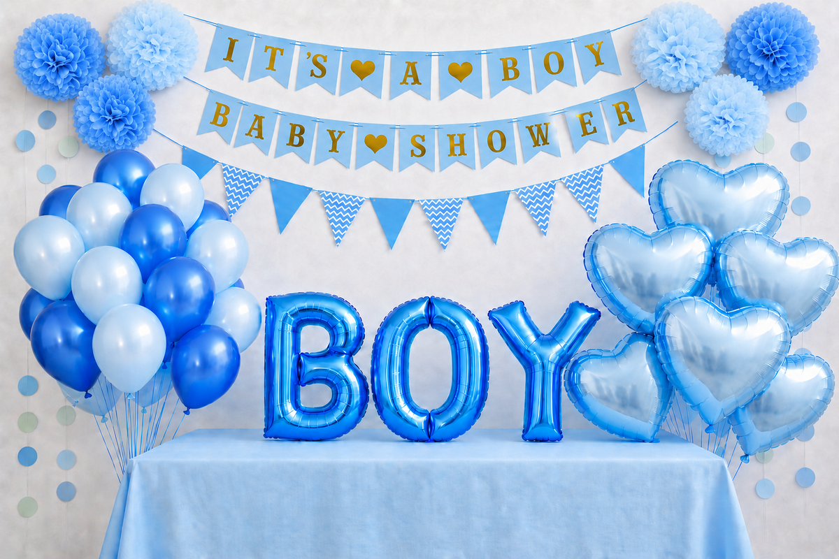 It's a Boy babyshower versiering met blauw ballonnen, BOY letterballonnen en slingers rond een tafel