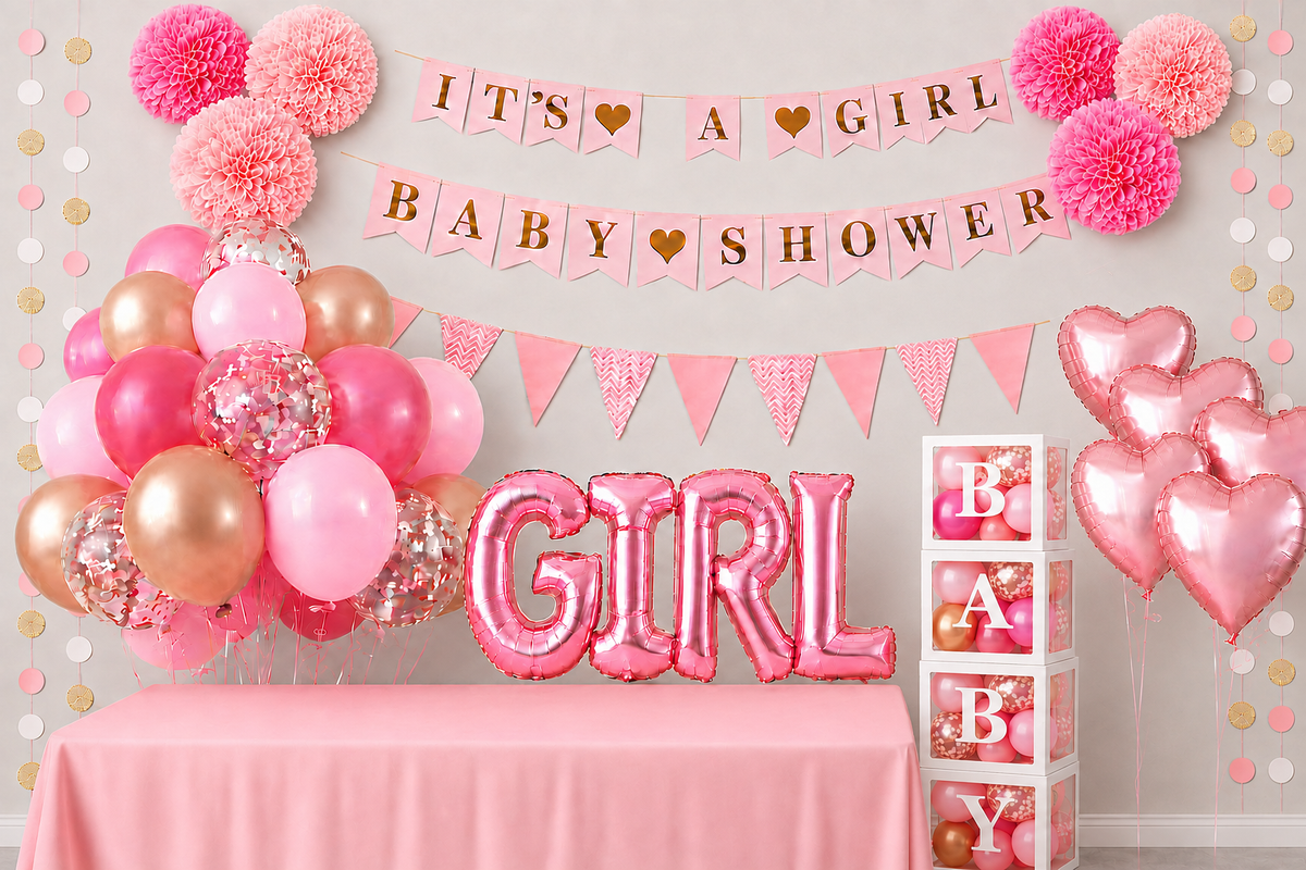 It's a Girl babyshower versiering met roze ballonnen, GIRL letterballonnen en slingers rond een tafel, met BABY letterblokken