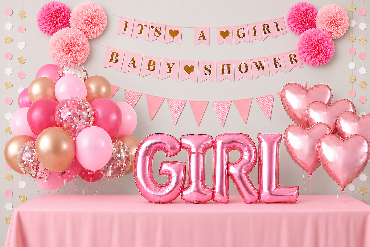 It's a Girl babyshower versiering met roze ballonnen, GIRL letterballonnen en slingers rond een tafel