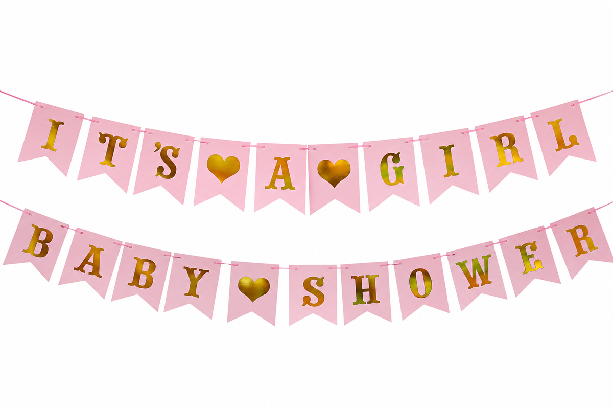 It's a Girl Babyshower vlaggenlijn in roze met gouden tekst
