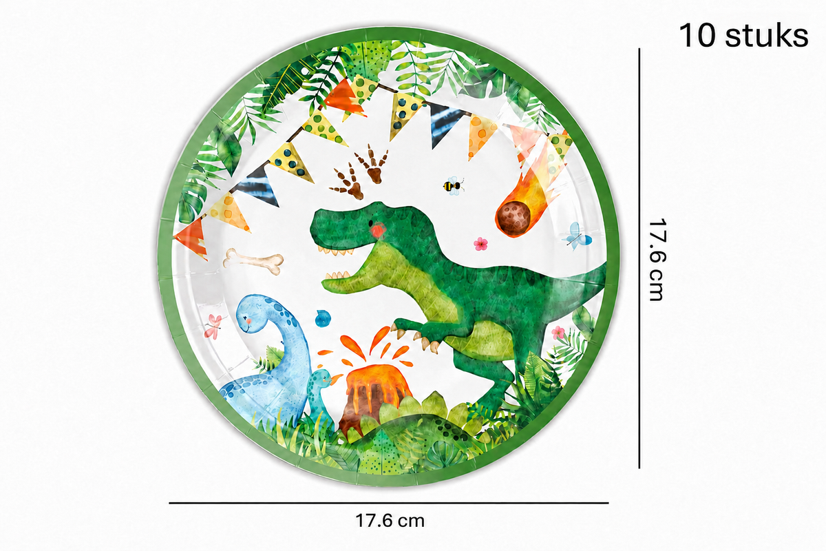 Klein rond dinosaurusbordje met groene rand