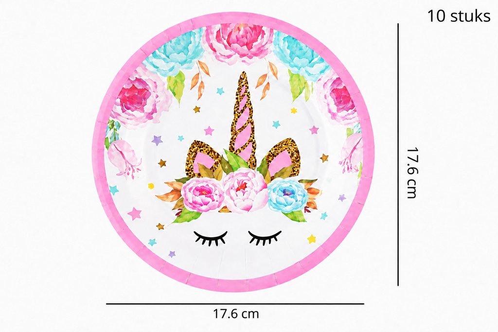 Klein rond eenhoornbordje met roze rand en bloemen unicorn 