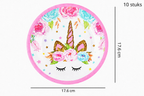 Klein rond eenhoornbordje met roze rand en bloemen unicorn 