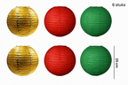 Zes ronde lampionnen van 25 cm, waarvan twee rood, twee groen en twee goud.