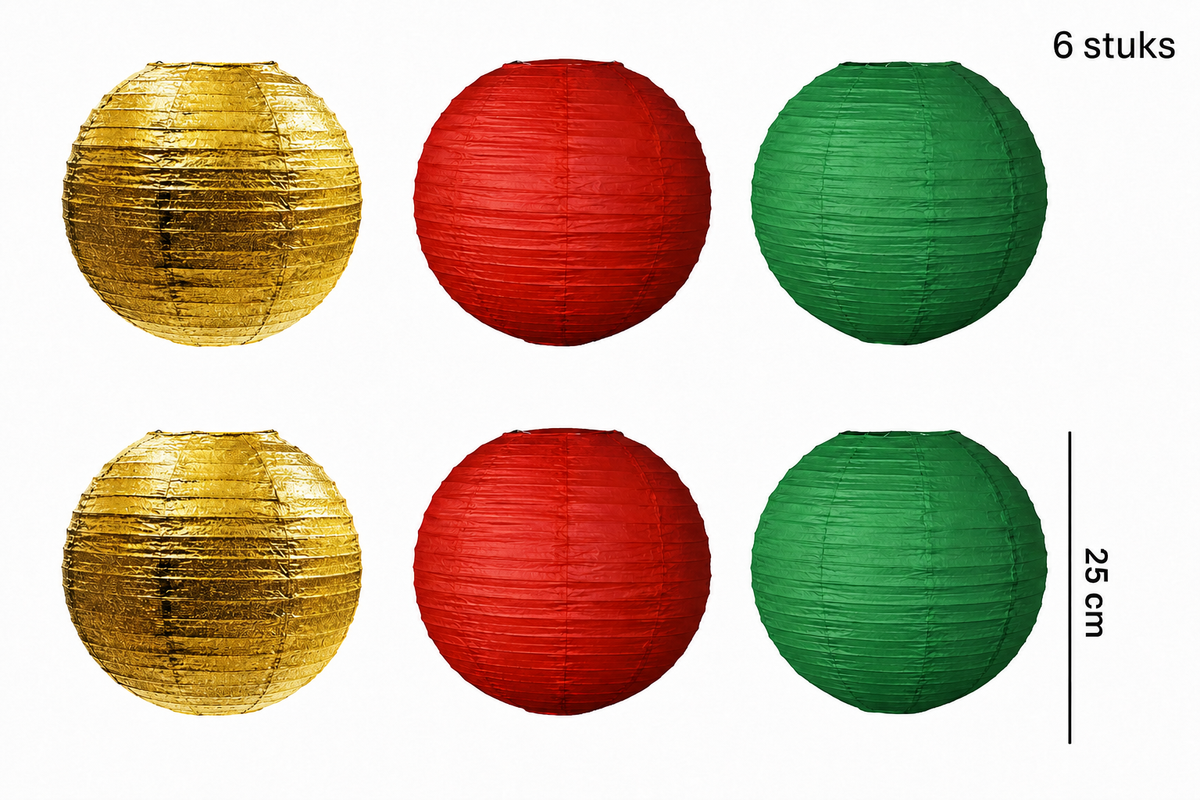 Zes ronde lampionnen van 25 cm, waarvan twee rood, twee groen en twee goud.