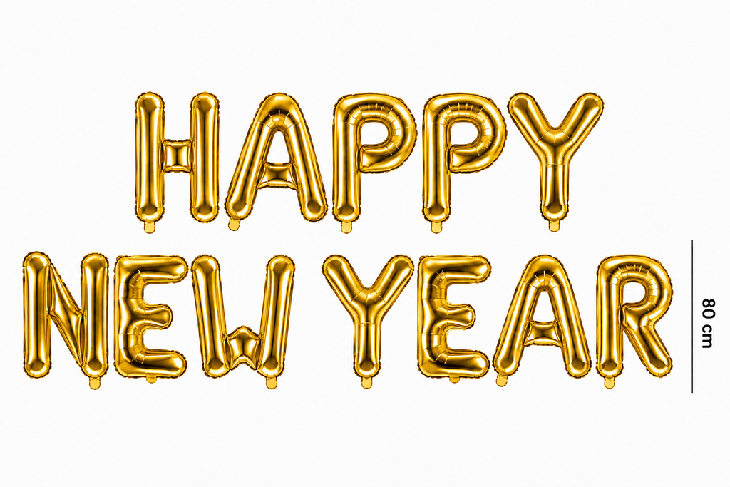 Gouden folieletterballonnen met de tekst Happy New Year en een aangegeven hoogte van 80 cm.