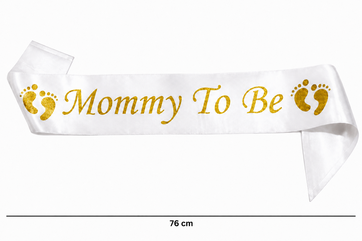 Witte sjerp met gouden tekst ‘Mommy To Be’ en babyvoetjes, 76 cm.