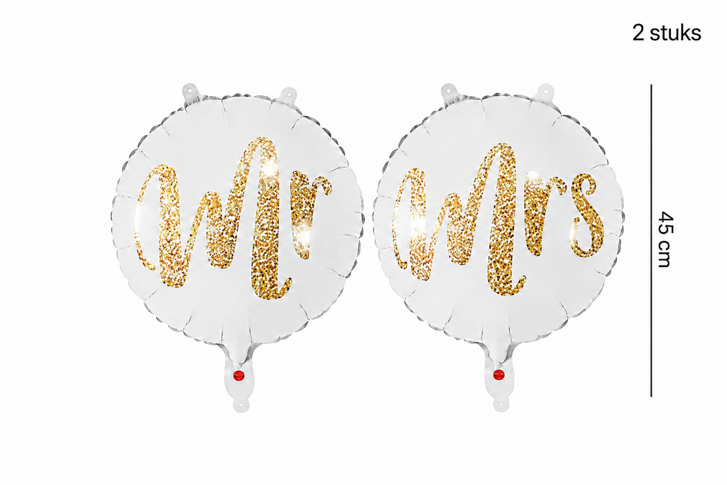 Twee ronde zilverkleurige folieballonnen met gouden Mr en Mrs opdruk en een aangegeven diameter van 45 cm.