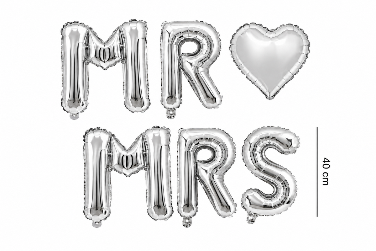 Zilveren folieballonnen in de letters MR en MRS met een hartvormige ballon en een aangegeven hoogte van 40 cm.