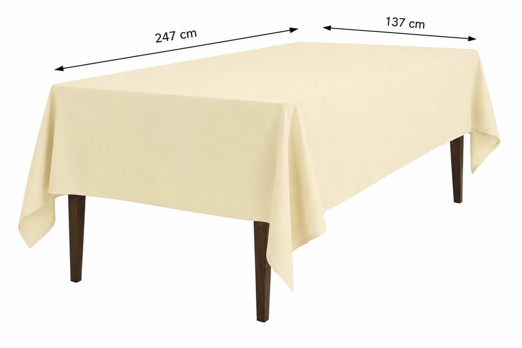 Crèmekleurig tafelkleed over een rechthoekige tafel, met aangegeven afmetingen van 247 bij 137 cm.
