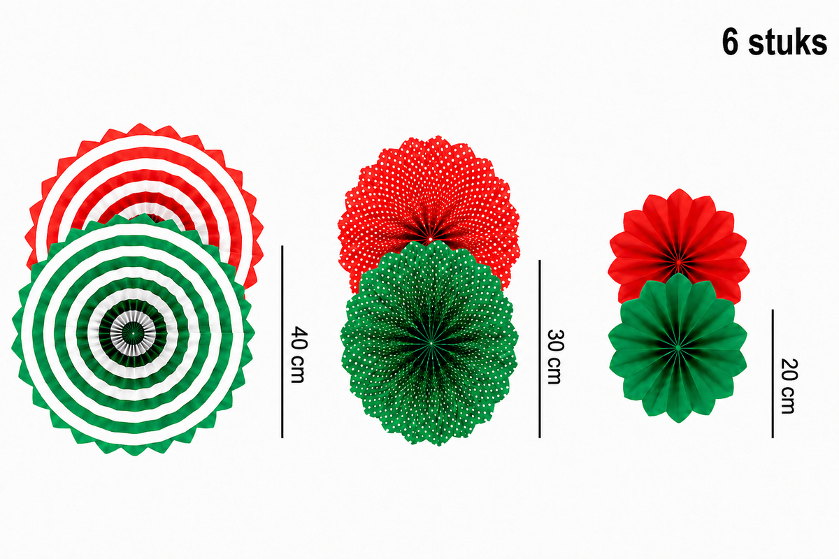 Zes rode en groene papieren waaiers van 20, 30 en 40 cm met effen, gestippelde en gestreepte patronen.