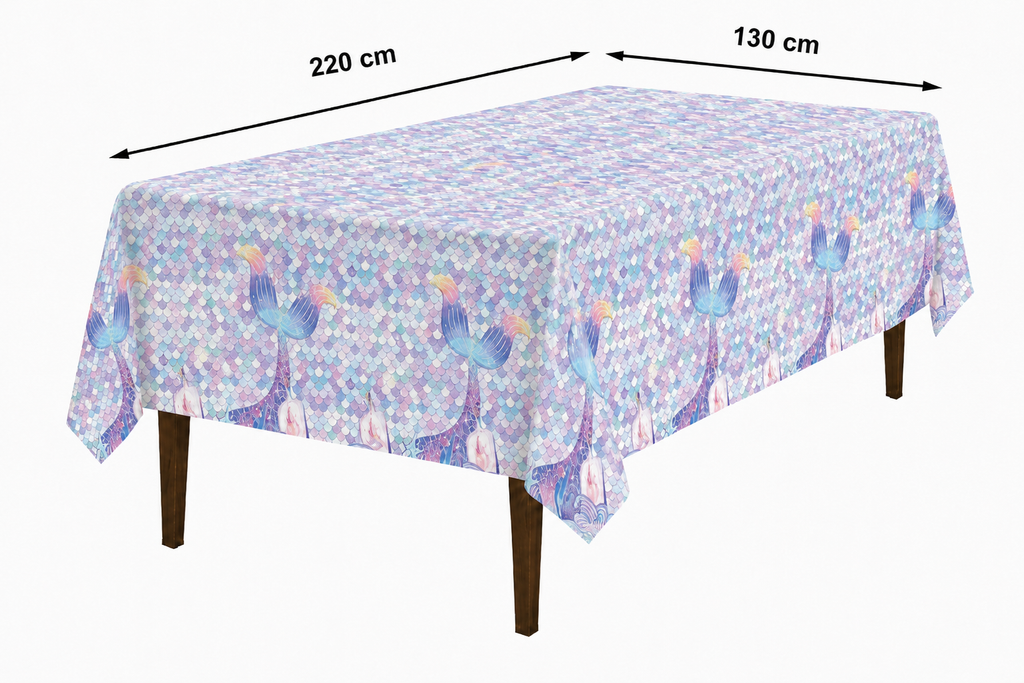 Pastelkleurig zeemeermintafelkleed met schubben op een tafel