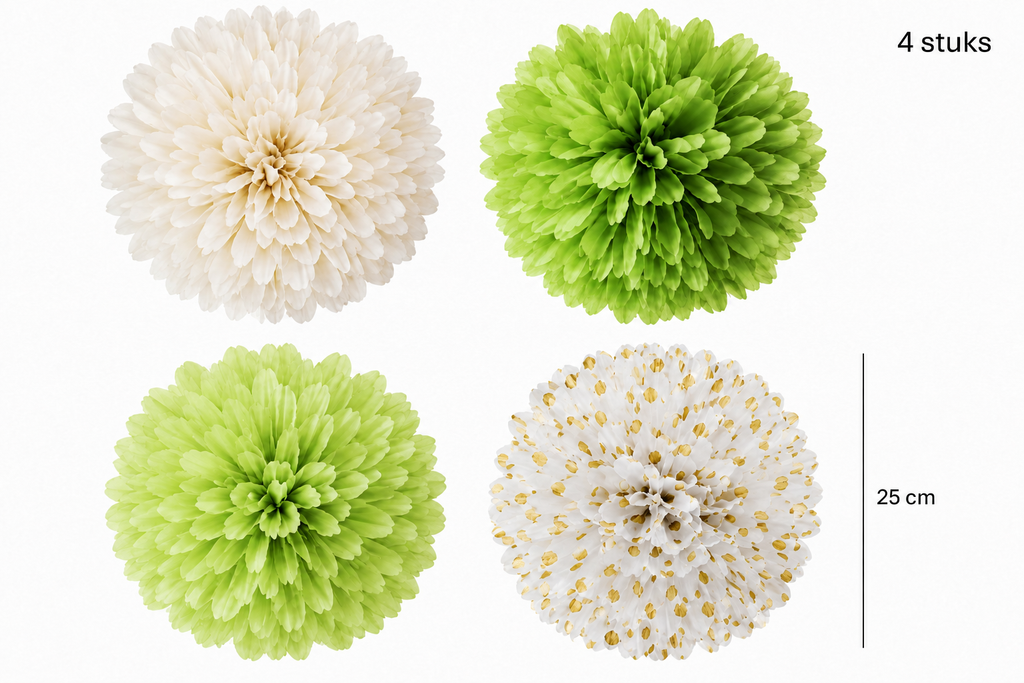 Vier pompoms van 25 cm in crème, twee groentinten en wit met gouden stippen.