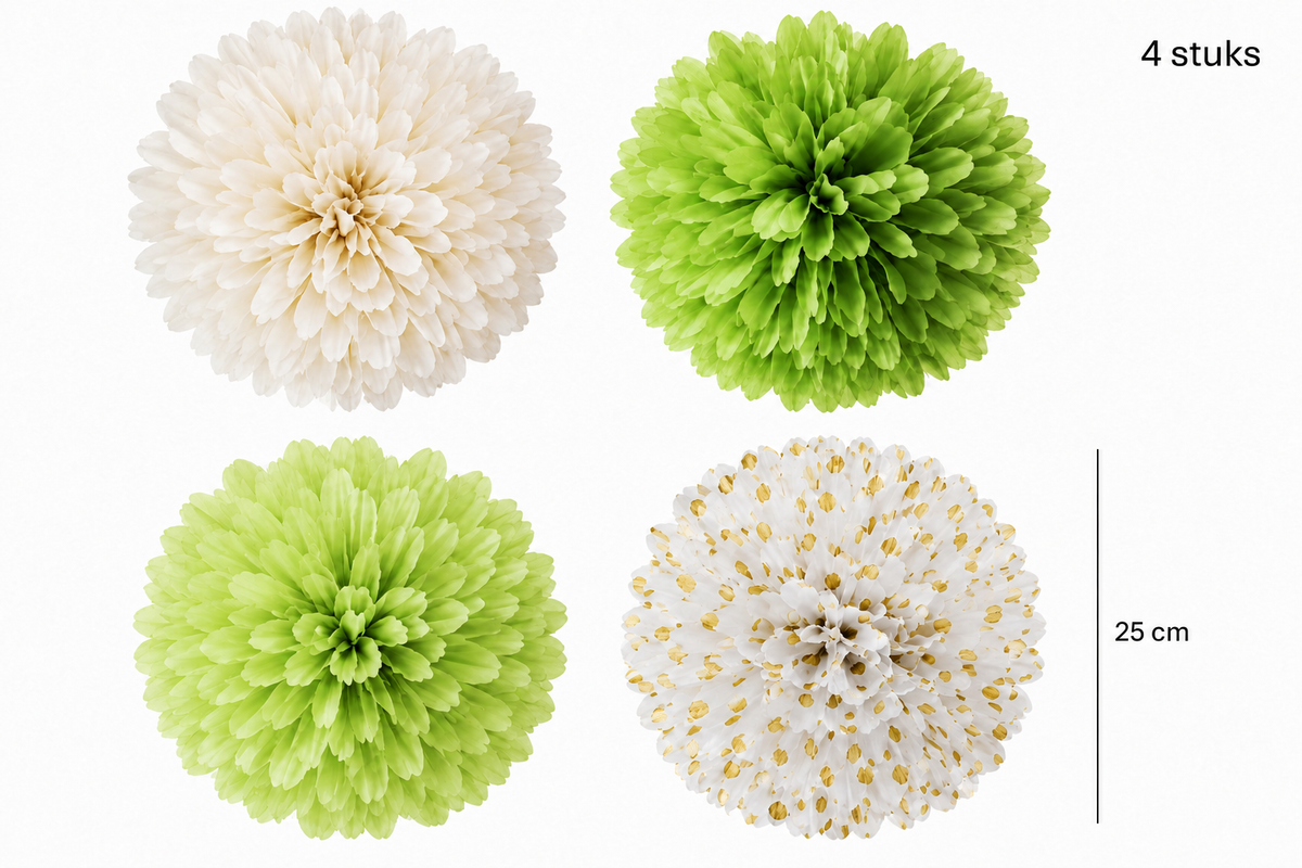 Vier pompoms van 25 cm in crème, twee groentinten en wit met gouden stippen.
