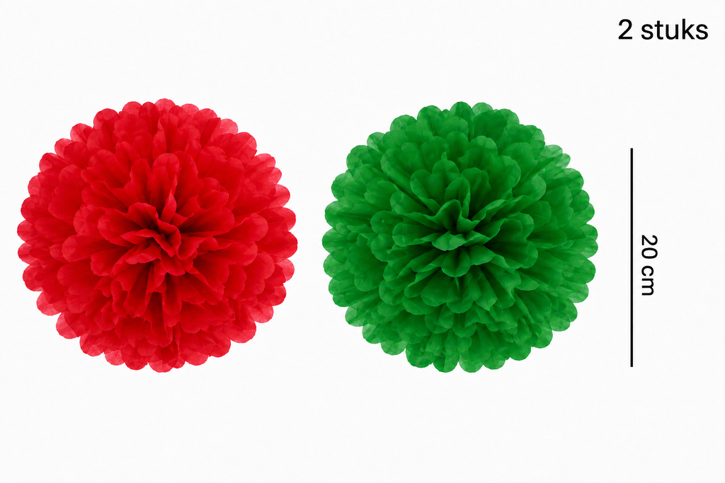 Twee decoratieve pompoms van 20 cm, één rood en één groen.