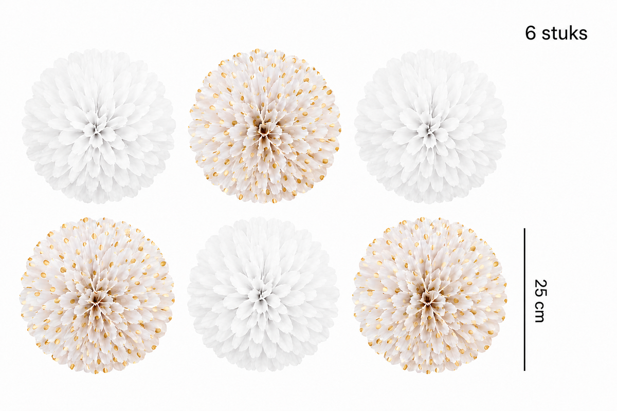 Zes pompoms van 25 cm, waarvan drie effen wit en drie wit met gouden stippen.