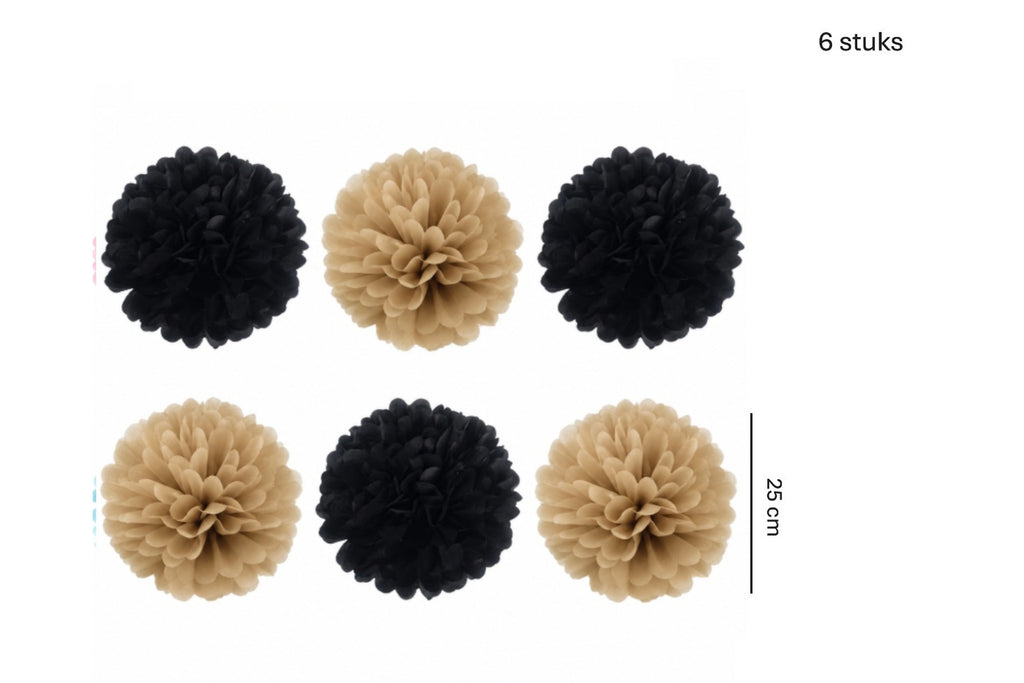 Zes decoratieve pompoms van 25 cm, waarvan drie zwart en drie beige.