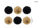 Zes decoratieve pompoms van 25 cm, waarvan drie zwart en drie beige.