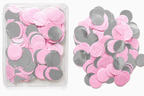 Ronde roze en zilverkleurige confetti in een transparant bakje en los ernaast.