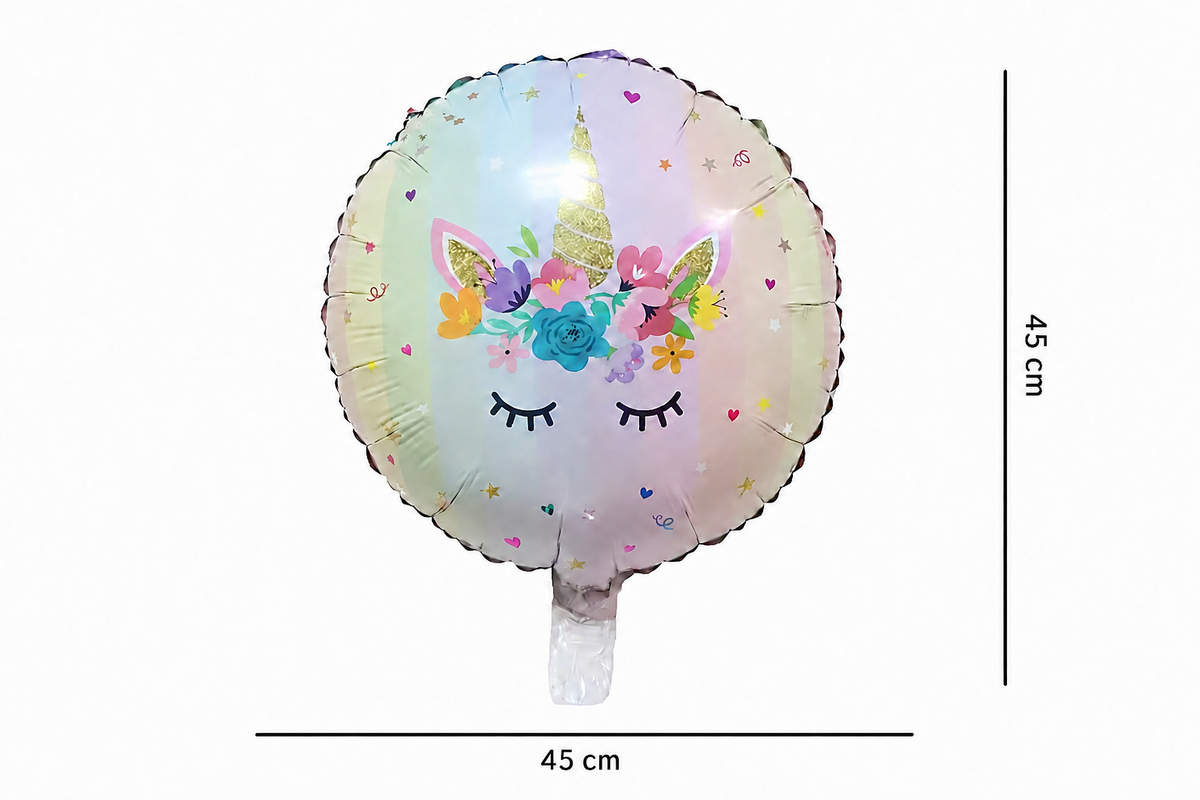 Ronde pastelkleurige folieballon met eenhoorngezicht en bloemen unicorn 