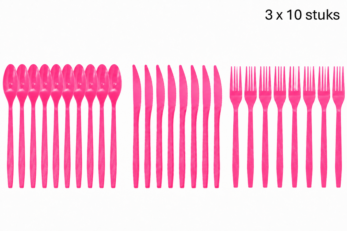 Roze bestek met lepels, messen en vorken