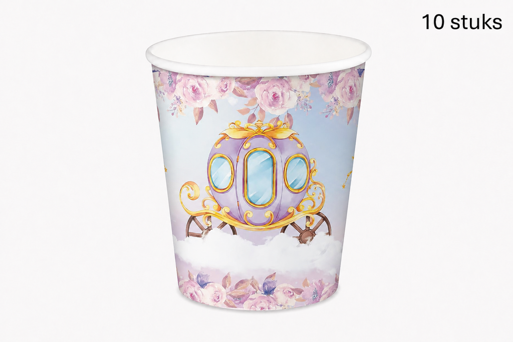 Roze prinsessenbeker met koets en bloemen