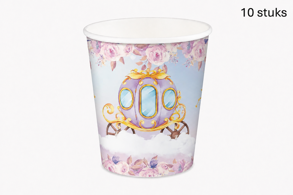 Roze prinsessenbeker met koets en bloemen