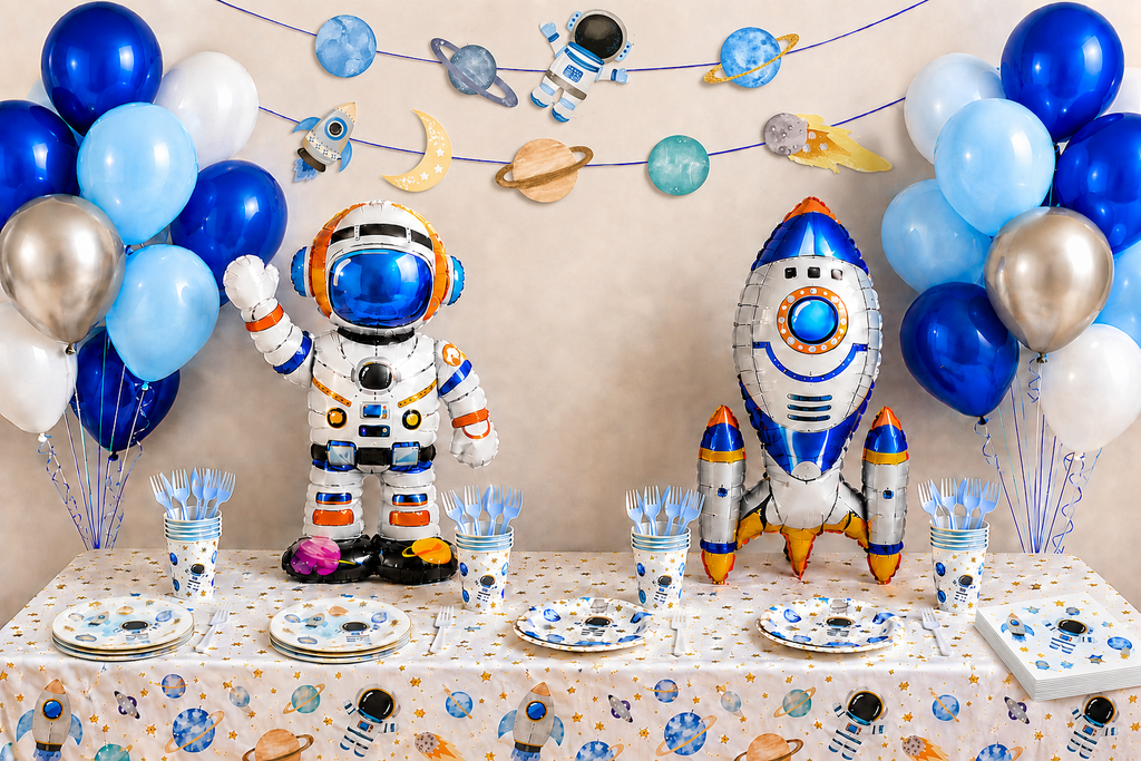 Ruimte verjaardagstafel met astronautballon, raketballon en blauwe ballonnen space
