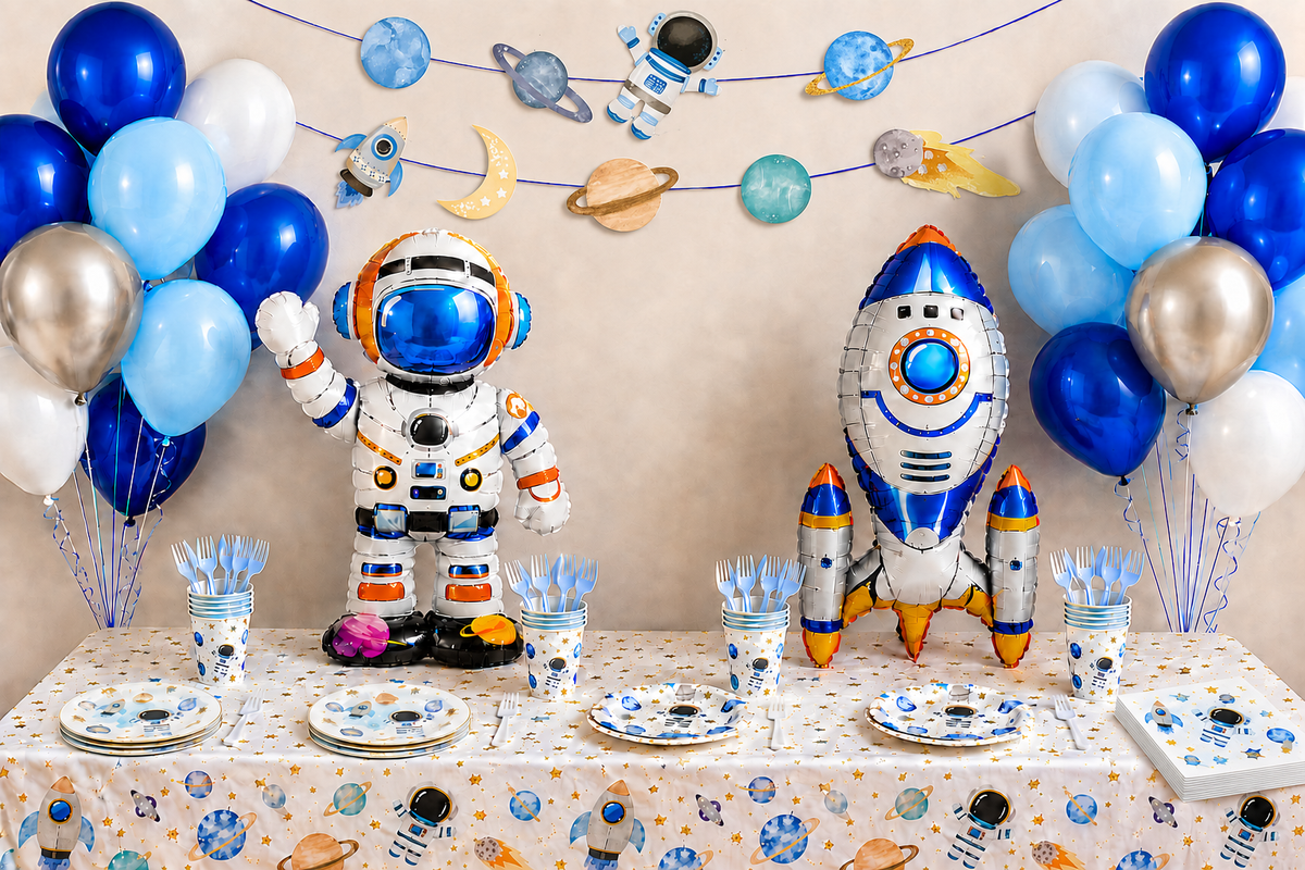 Ruimte verjaardagstafel met astronautballon, raketballon en blauwe ballonnen space