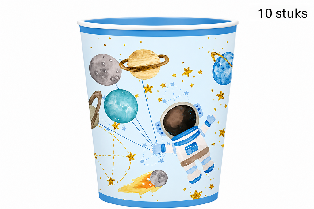 Ruimtebeker met astronaut en planeten en blauwe rand space
