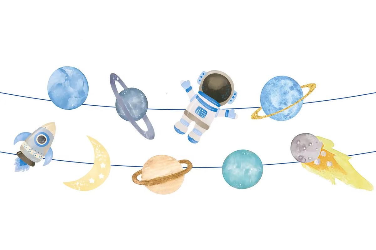 Ruimteslinger met planeten, astronaut en raketten space 