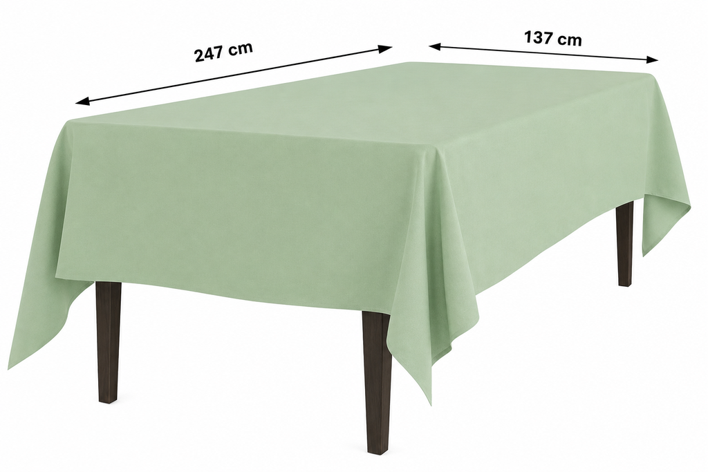 Saliegroen tafelkleed over een rechthoekige tafel, met aangegeven afmetingen van 247 × 137 cm.
