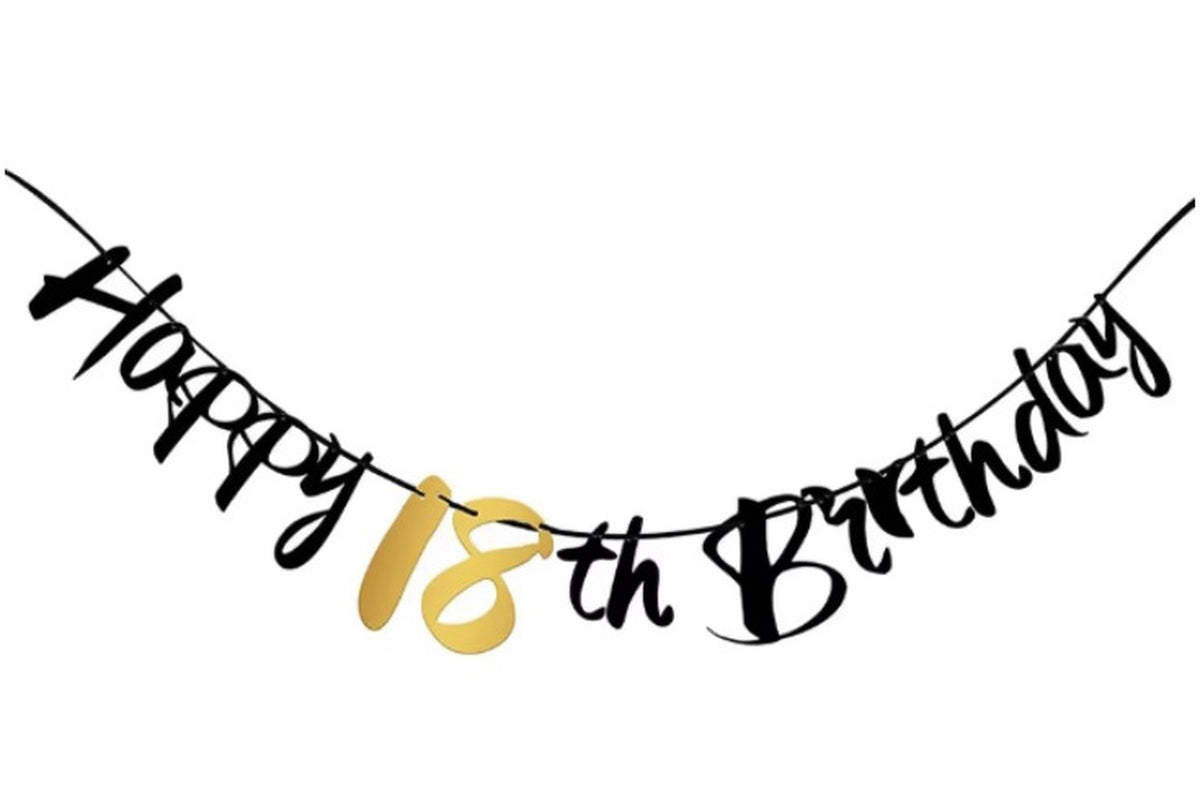 Zwarte Happy 18th Birthday letterslinger met een goudkleurig cijfer 18 voor een 18e verjaardag.