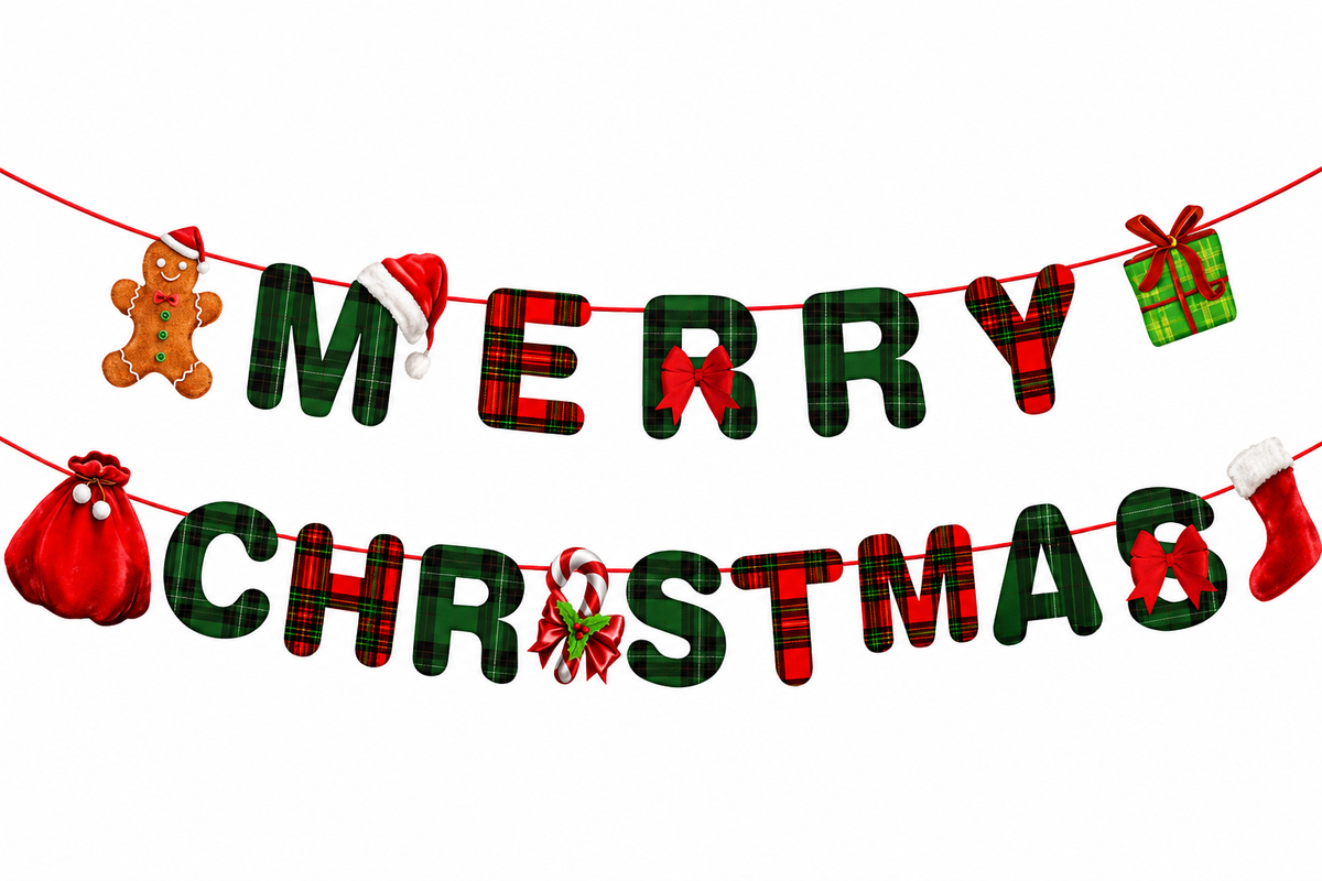 Merry Christmas letterslinger met rood en groen ruitpatroon, een peperkoekmannetje, cadeau en kerstsok.