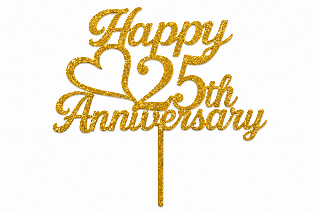 ouden glittertaarttopper met de tekst Happy 25th Anniversary en een hart.
