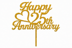 ouden glittertaarttopper met de tekst Happy 25th Anniversary en een hart.