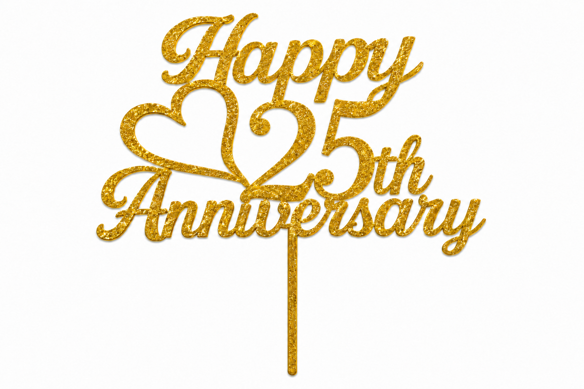 ouden glittertaarttopper met de tekst Happy 25th Anniversary en een hart.
