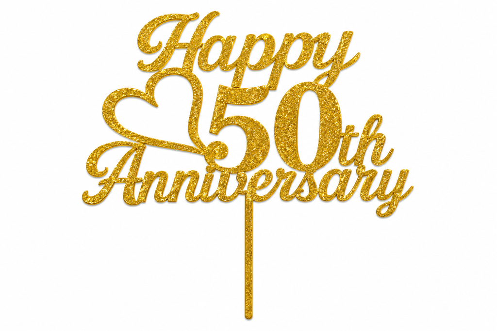 Gouden glittertaarttopper met de tekst Happy 50th Anniversary en een hart.