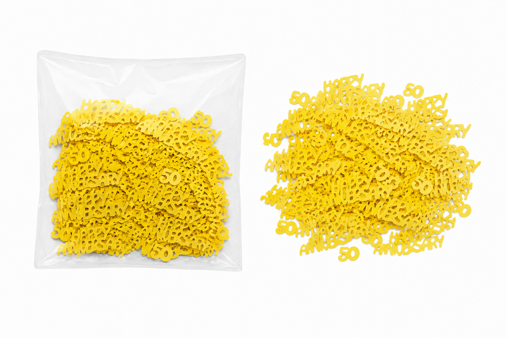 Gouden tafelconfetti met het cijfer 50 en de tekst Happy Anniversary, in een zakje en los afgebeeld.